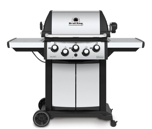 3-х конфорочный гриль Broil King Signet 390. Гриль дополнительно оснащен вертелом, горелкой, которая обжаривает мясо на вертеле и боковой конфоркой, чтобы варить глинтвейн